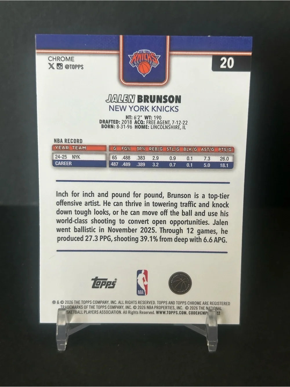 2025-26 Topps Chrome Update Jalen Brunson #20 RayWave Refractor New York Knicks